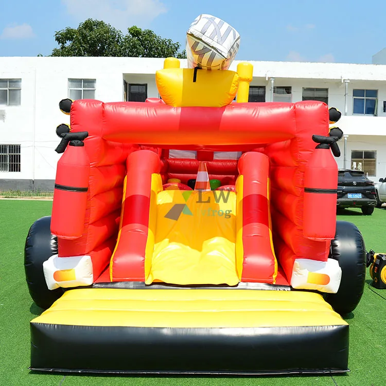 Factory sale Inflatable bouncer firetruck obstacle 3 in 1 game fire truck bounce house with slide commercial