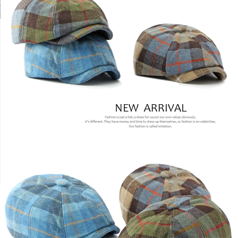 Hot Sale Men Women Kids Winter Warm Octagonal Cap Outside Windproof Woolen Flat Vintage Plaid  Driving Thick  Beret Painting Hat