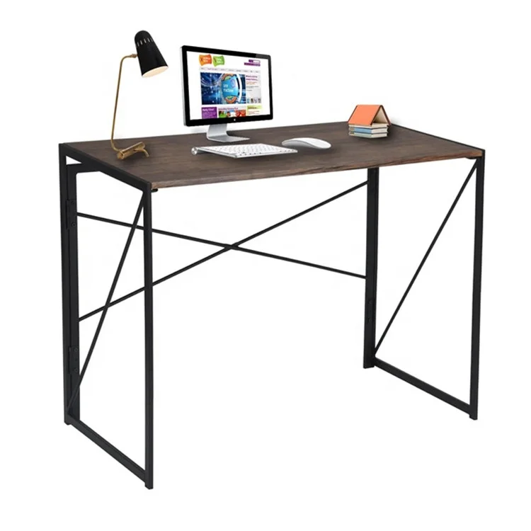 Compact Metal Folding Home Office Desk with Wooden Table Top
