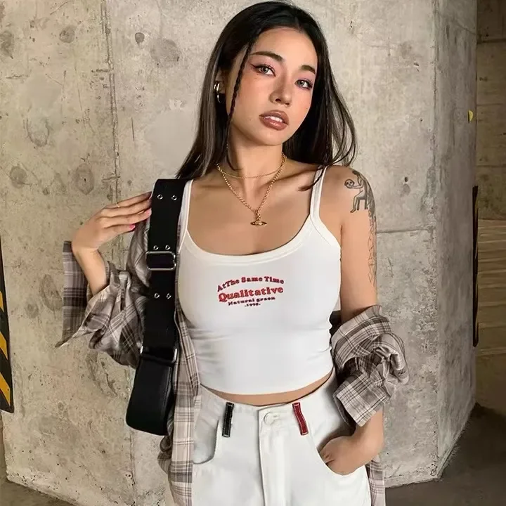 Wholesale custom logo embroidery streetwear spaghetti strap tank top women Y2K summer solid tank tops white crop top