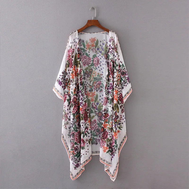 Женское кимоно с цветочным принтом, прозрачный шифоновый Свободный кардиган