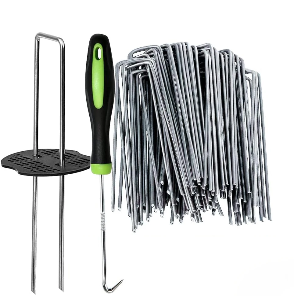 Garden Stakes Staples +Gasket 6 Inch Lawn Landscape Staples 11 Gauge U Shaped Galvanized Landscape Pins