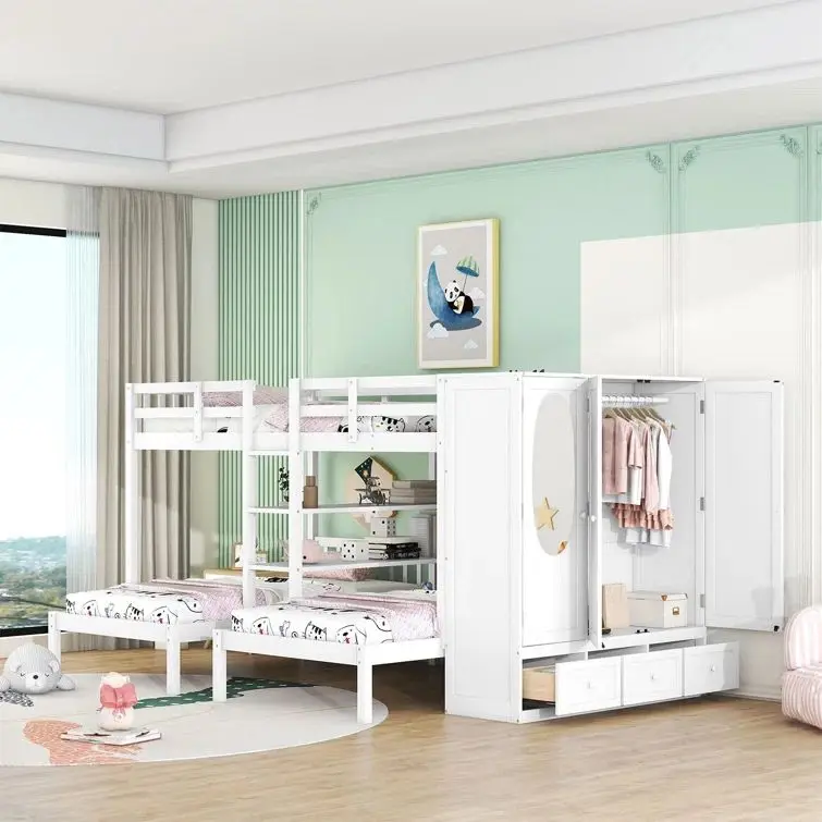 Modern Twin over Twin Full Bunk Bed with 3 Drawers Shelves Pine Wood Panel for Kids for School Hotel Hospital Outdoor Use