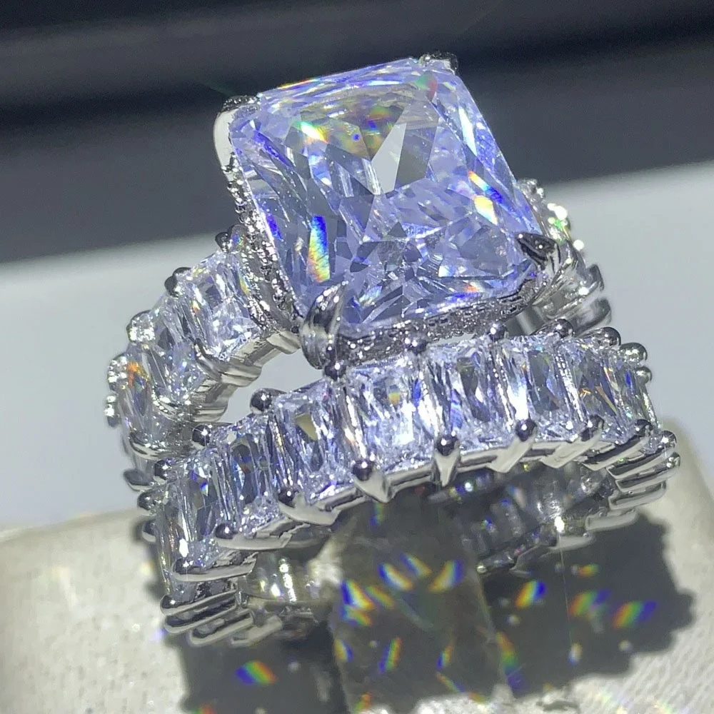 925 Silver Jewelry Sparkling Big Radiant 10*12mm 5A CZ Diamond Couple Engagement Band Rings Set