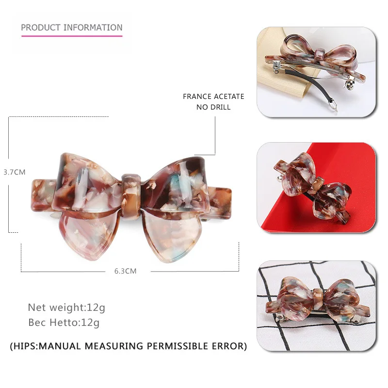 HONEY 6.3CM Small Bow Hair Barrette 7Colors Candy Colors Hair Barrette Clip Cellulose Acetate Bow Hair Clip for Women