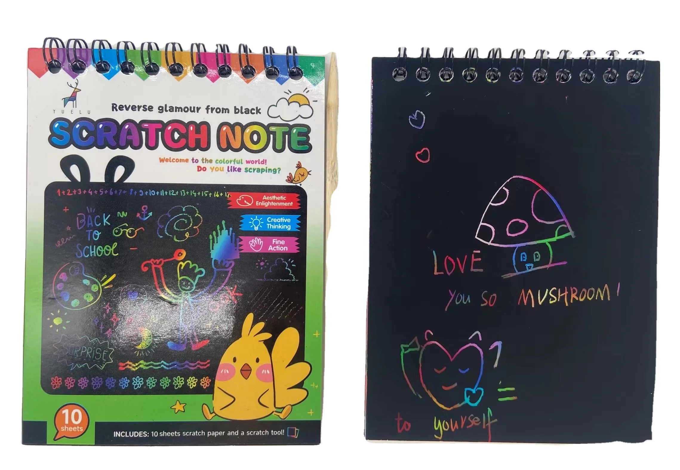 Scratch Arts Drawing Notebook Sketch Books for Kids Cartoon Art Supplies Large Rainbow Scratch Paper Note with Bamboo Sticks