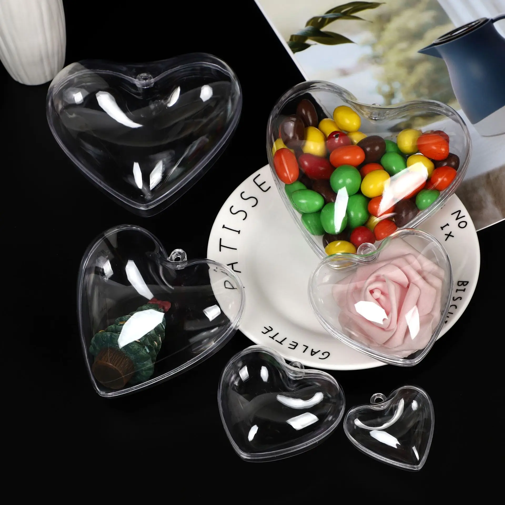 Stock 5cm 6cm 7cm 8cm 10cm 12cm hollow clear acrylic PS christmas Heart shape transparent ball