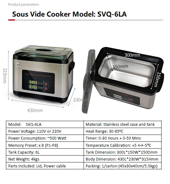 All area Even-heated Precise temperature control slow cook  Professional functions 6L water bath premium style Sous Vide Oven