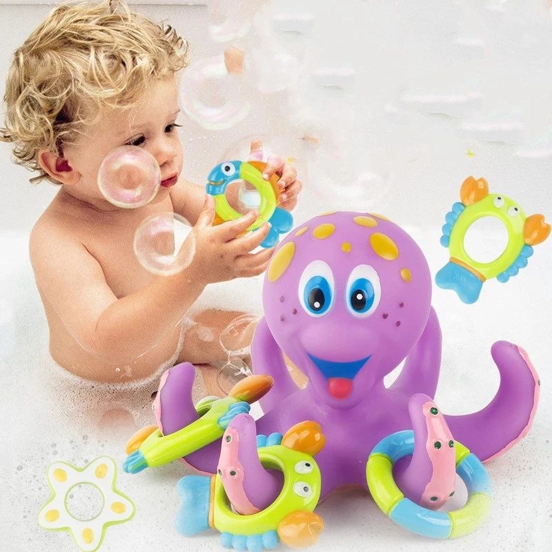 Hot Sell Floating Purple Octopus With 5 Hoopla Rings Interactive Bath Toy Bathtub Bathing Pool Education Toy for Kids