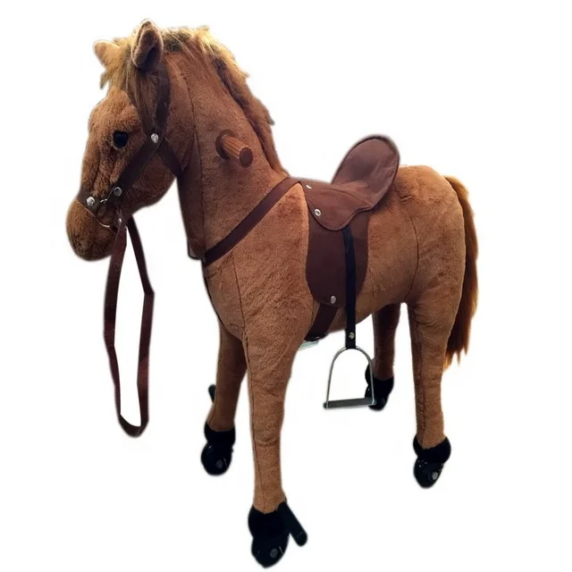 new arrival plush mechanical walking horse with wheel plush ride on horse toy
