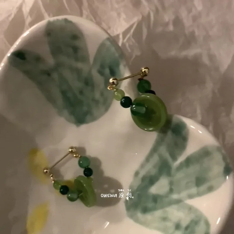 Handmade natural green stone gradient design 925 silver small hoop  needle hollow tube hoop women earrings