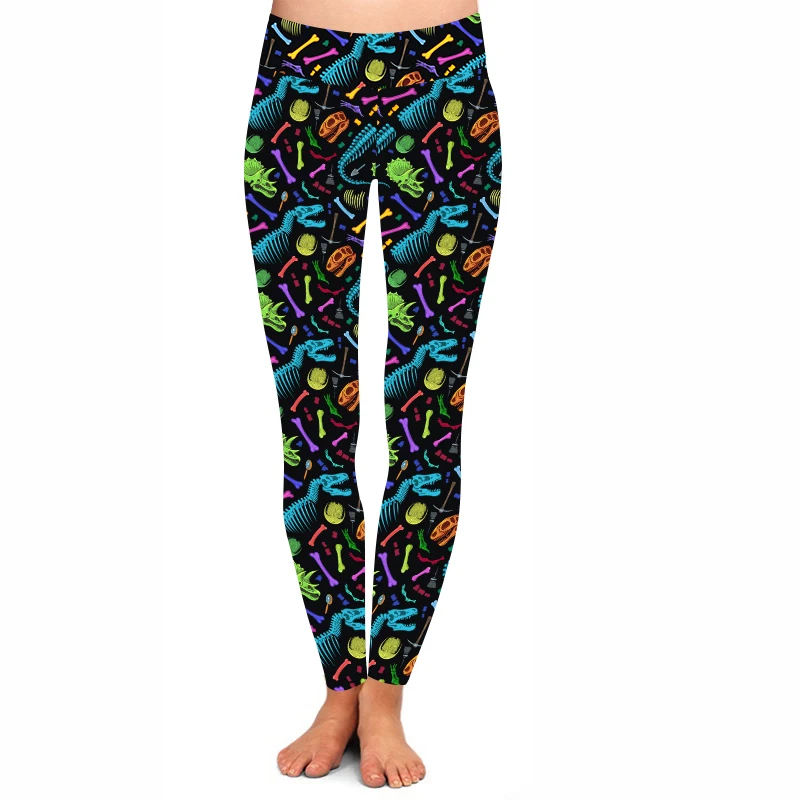 Colorful Dinosaur skeleton printed leggings Women High yoga waist buttery soft 92% polyester 8% spandex leggings for women