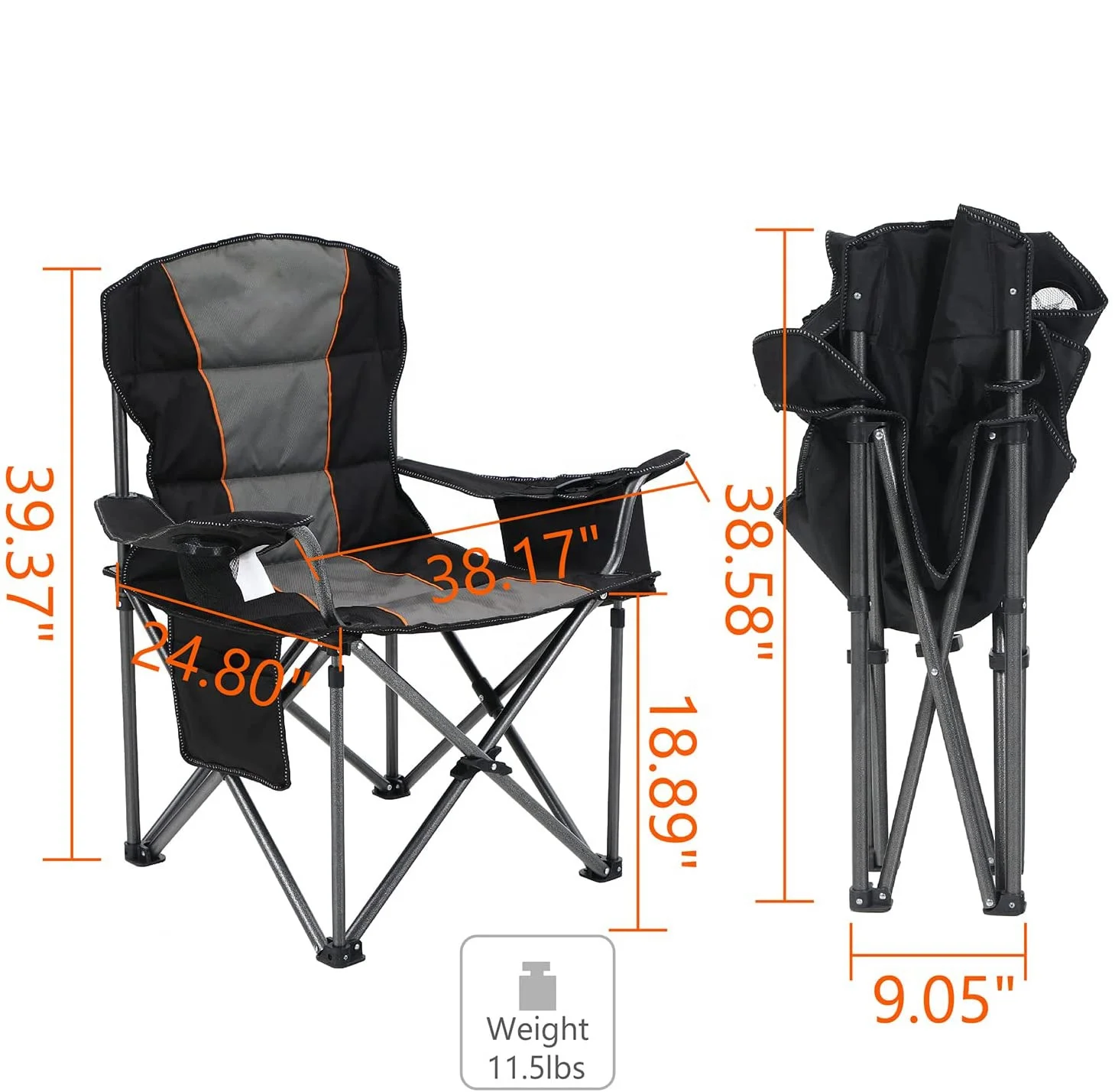 Oversized Camping Folding Chair Heavy Duty Support 450 LBS Steel Frame Collapsible Padded Arm Chair with Cup Holder