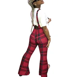 Plaid print suspenders jumpsuit Stylish slim pants zipper casual bell bottoms women grid pants