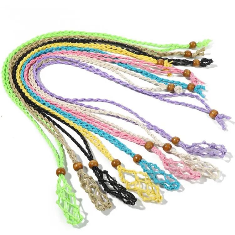 SC DIY Wax Rope Empty Stone Pocket Necklace Colorful Handmade Braided Hollow Raw Crystal Stone Holder Net Bag Necklace