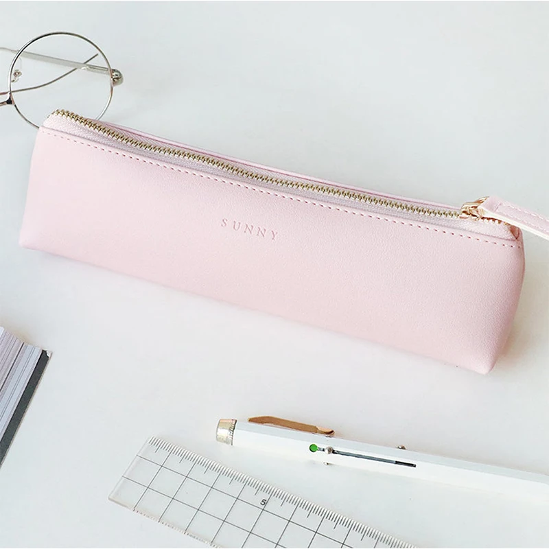 Custom Logo Pu Leather Zipper Elastic Buckle Small Pencil Case Bag