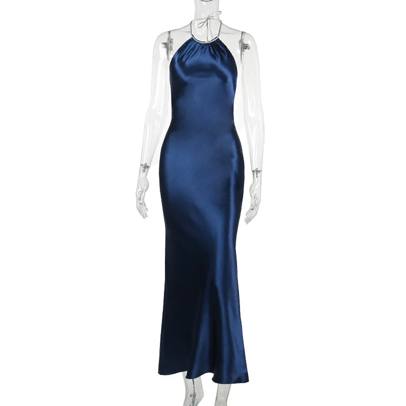 Wholesale Custom Supplier Glitter Blue Halter Sleeveless Ladies Flare Dinner Evening Formal Elegant Satin Backless Dress Women