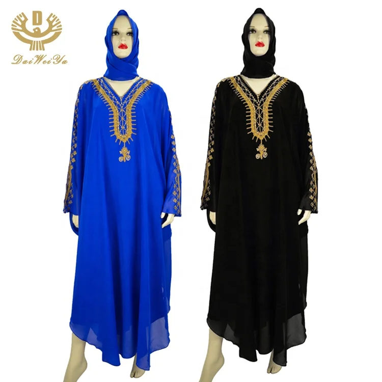 Синее Африканское длинное платье-Кафтан из Ганы с вышивкой для полных женщин