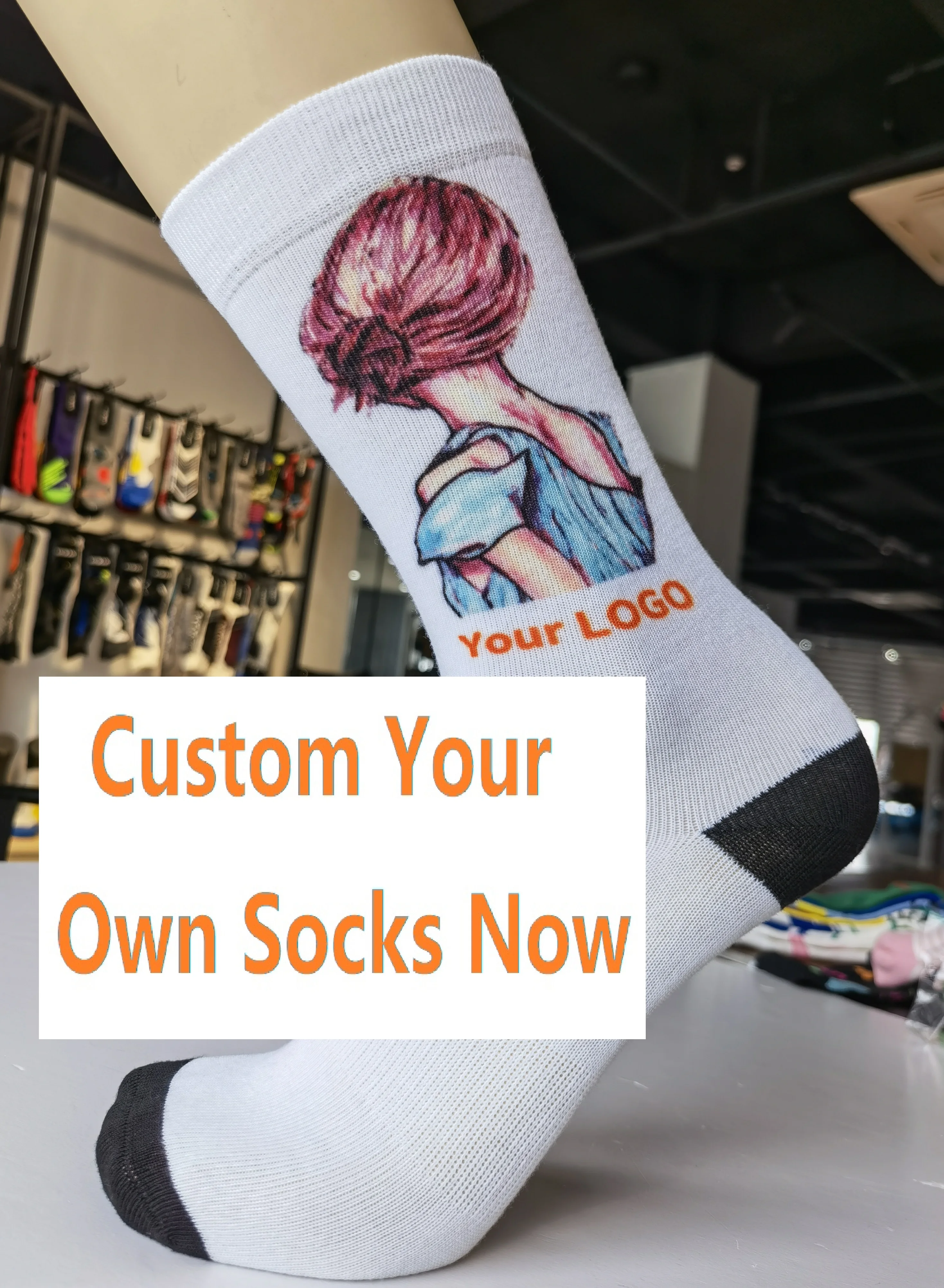 Носки с сублимационной печатью логотипа на заказ, модные носки с цифровой печатью 3d 360, носки с 3d-печатью