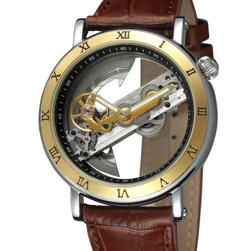 Classical Royal Skeleton Dial Design Gold Bezel Brown Leather Strap Full Skeleton Watches Men Wrist Mechanical