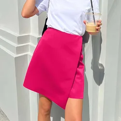 Solid Streetwear Fashion Satin Skirt Pink Women Summer Asymmetrical Mini Skirts Office Black High Waist Skirts