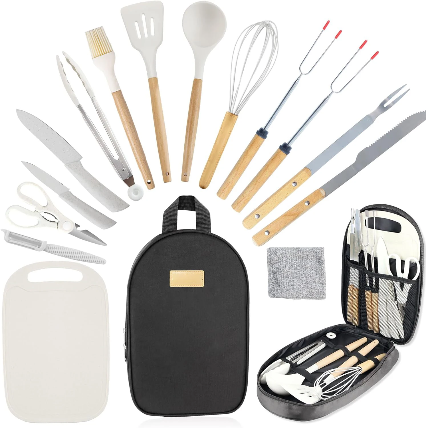 Camping Essentials Cooking Utensils Set - 15Pcs Portable Camp Kitchen Cookware Organizer with Storage Bag for BBQ Grill Hiking