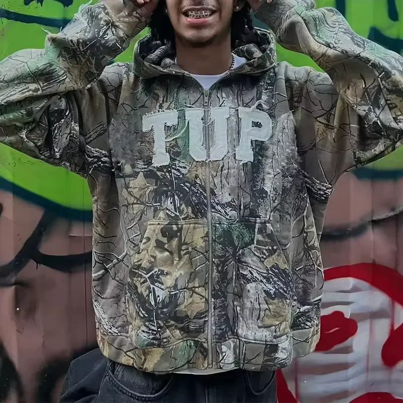 Custom Camo Hoodie 500G Streetwear Cut Raw Hem Cropped Hoodie Acid Wash Vintage Distressed Embroidery Patch Zip Up Camo Hoodie