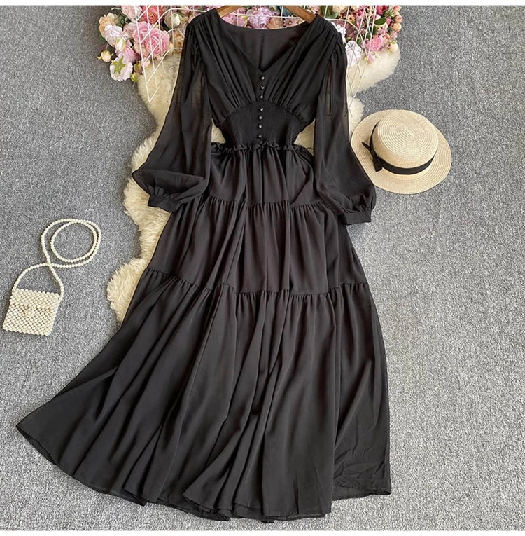 D9787  New 2023 Autumn V Neck Long Sleeve Slim Waist Patchwork Midi Dress Women Dresses Clothing Wholesale 10