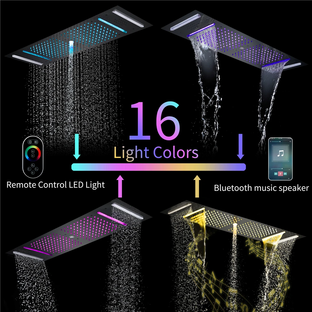 36*12inch Music Led Water Column&Rain Waterfall Shower Temperature Display Button Control Thermostatic Shower Faucet