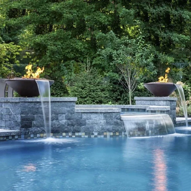 Corten Steel Gas Fire Pit With Water Feature for Garden Swimming Pool