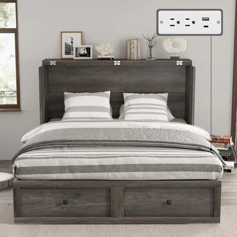 Kainice farmhouse murphy wall bed cabinet queen size solid wood bed with large storage drawers and charging station