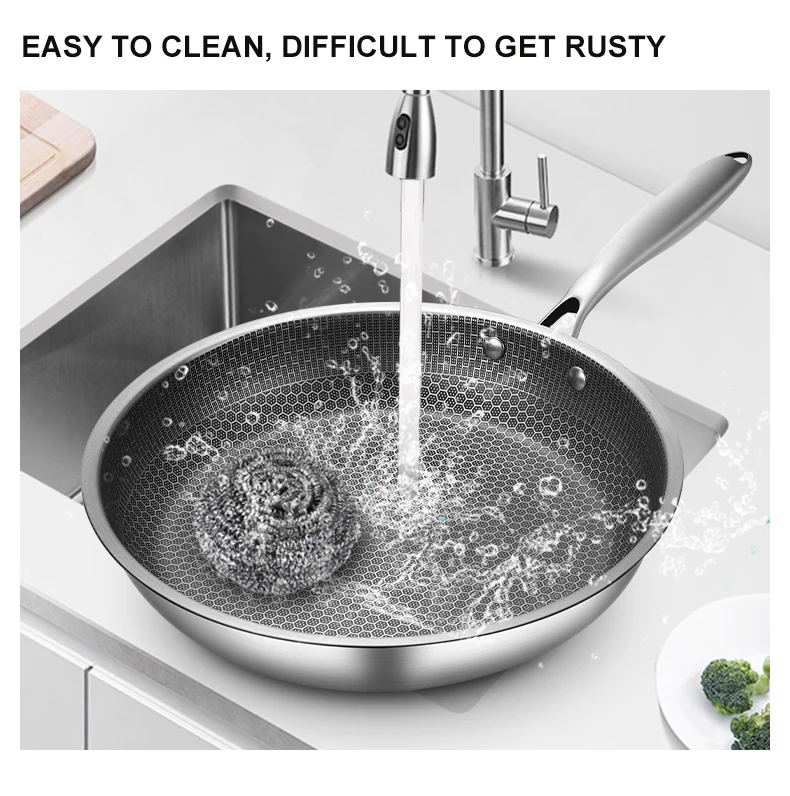 28cm Stainless Steel 304 Frying Pan Triply Kitchenware SS handle Non-Stick Coating Single Side Honeycomb Fire Textured Pattern