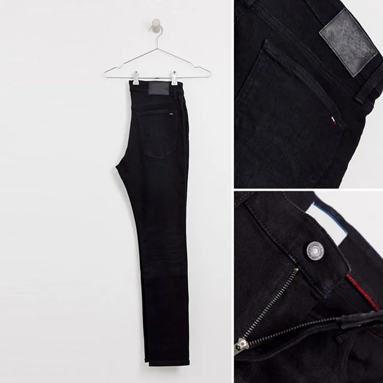 Custom design skinny fit functional pockets tapered leg black denim jeans men wholesale