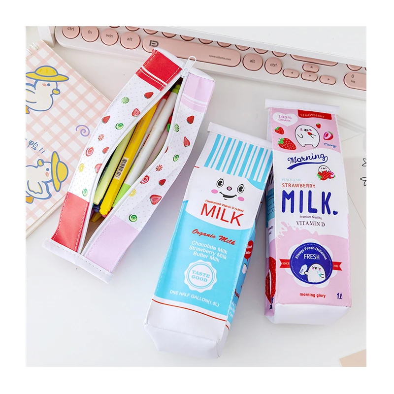 Cute PU waterproof Cartoon milk box pen bags school Stationery pencil bags cute pencilcase