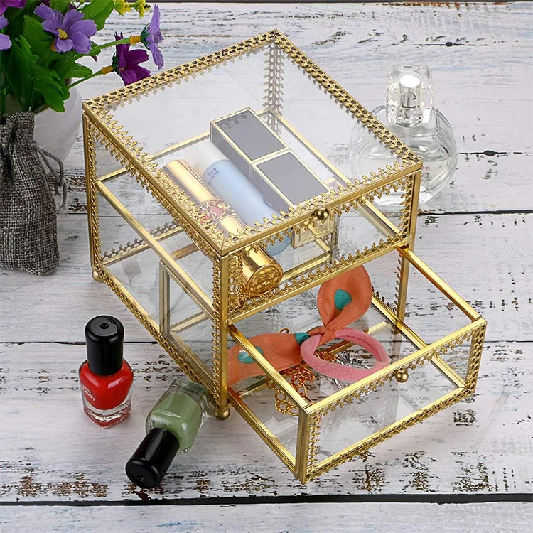 Vintage Glass Jewelry Trinket Box Bracelets Necklace Watch Rings Organizer holder Jewelry Display Case with Drawer