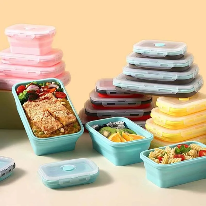 Hot Online Set of 4pcs Reusable Silicone Lunch Bento Box Safe Silicone Food Storage Containers with Lid