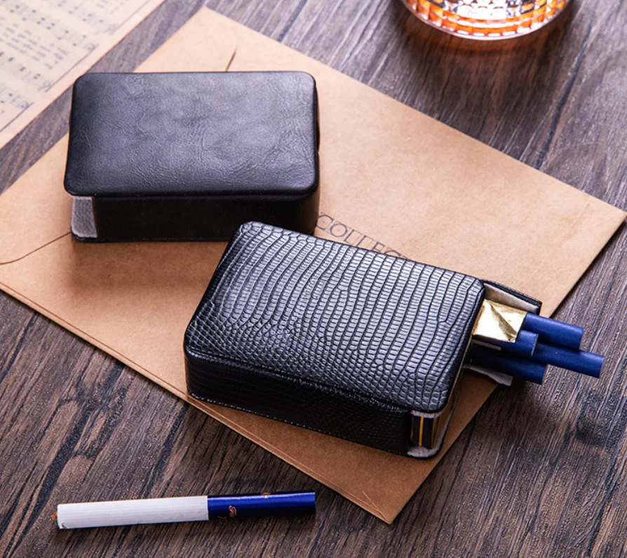 Wholesale Top Quality Reusable Black PU Leather Soft Whole Pack Cigarette Capacity Cigarette Case Portable Cigarette Box