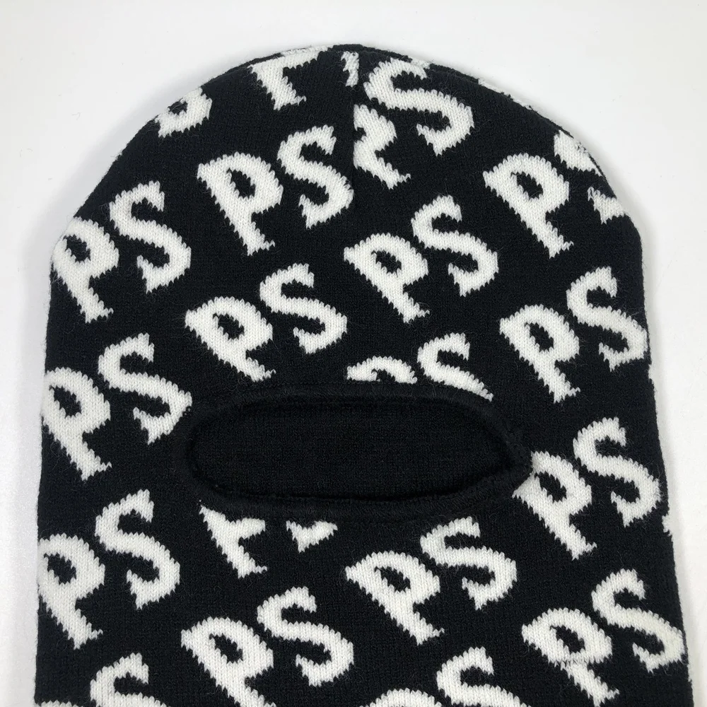 OEM adult jacquard embroidered all over print outdoors face cover ps black knitted beanie custom one hole balaclava ski mask