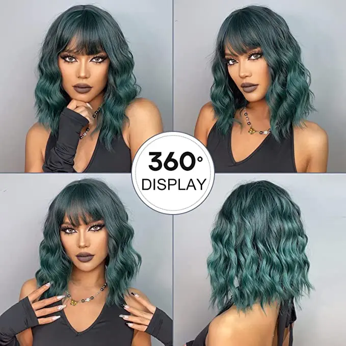 14 Inch Short Curly Mix Green Bob Wigs for Women Synthetic Wigs with Bangs ombre short curly  wig