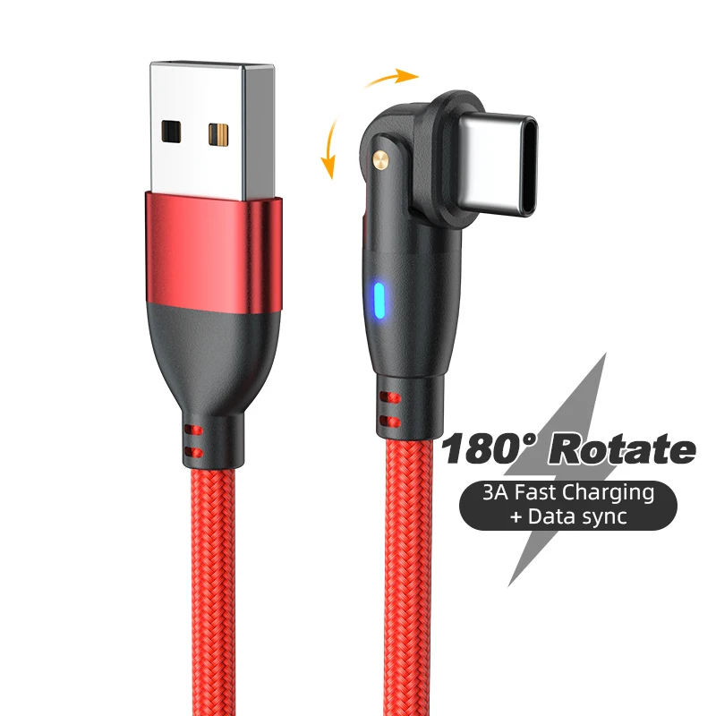 180 Degree Rotating USB to Type C Charging Data Transfer Nylon Cable L Shape and Straight 2 in 1
