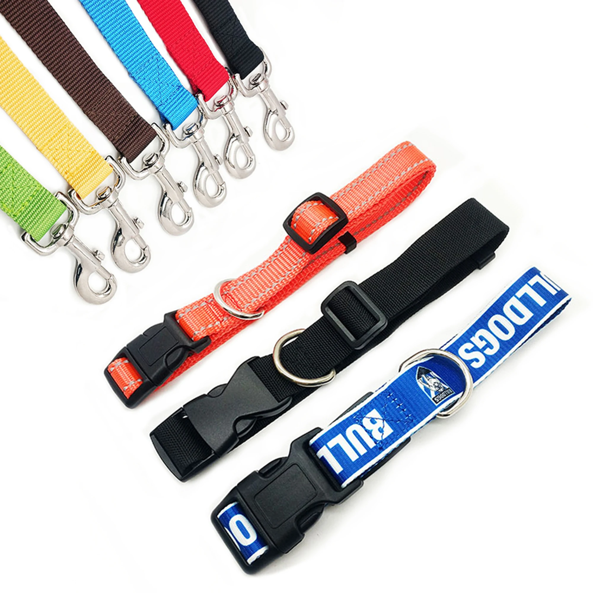 Personalized Diy Customized Big Metal Buckle Reflective Custom Printed Logo Tactical Collar Cat Dog Pet Leashes Collar Dog Leash