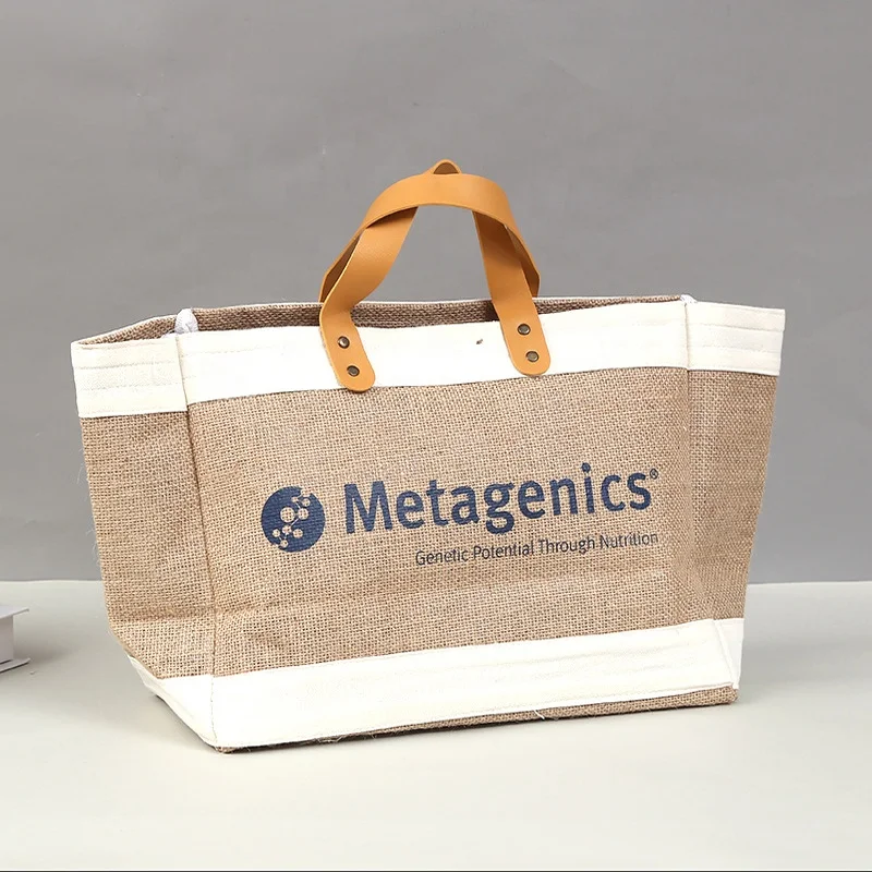 Customized logo Large Capacity Burlap Jute Shopping Tote Bags With Pu Leather Handles