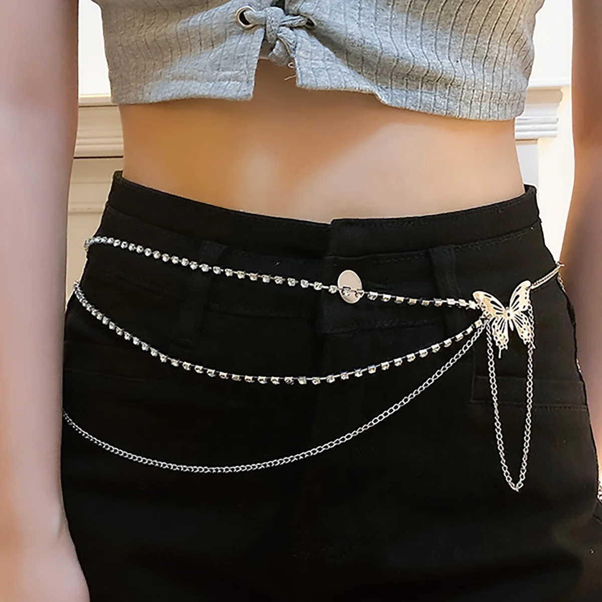 Factory Directly Wholesale Designer silvery crystal rhinestone butterfly Three layer pendant waist chain