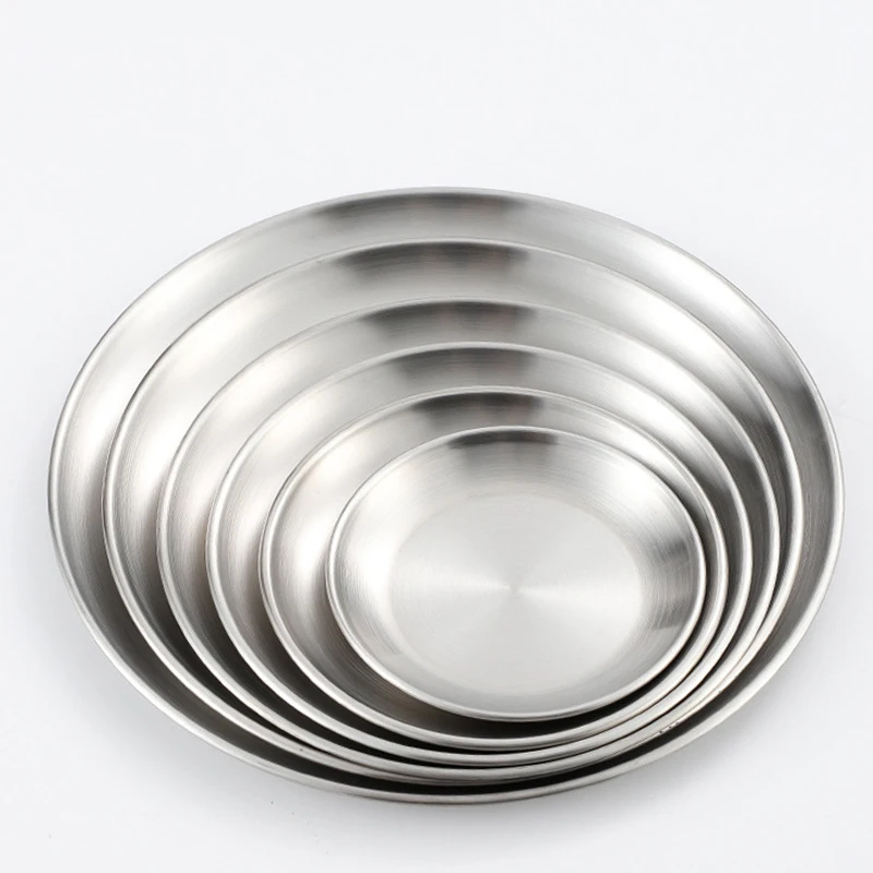 Custom Logo Korean Stainless Steel Barbecue Plate 14cm 17cm 20cm 30cm Round Tray Serving Dishes Plates