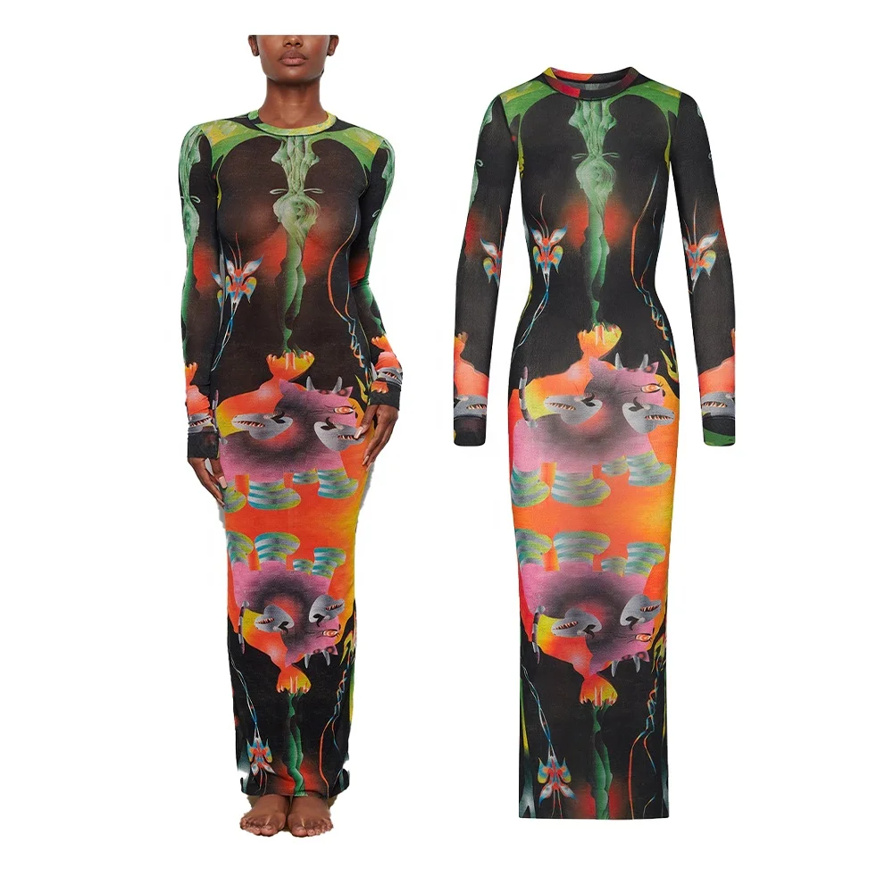 Custom Logo Wholesale Skims Long Sleeve Women Summer Beachwear Cover Up Outfit Bodycon Long Maxi Mesh Women Dresses