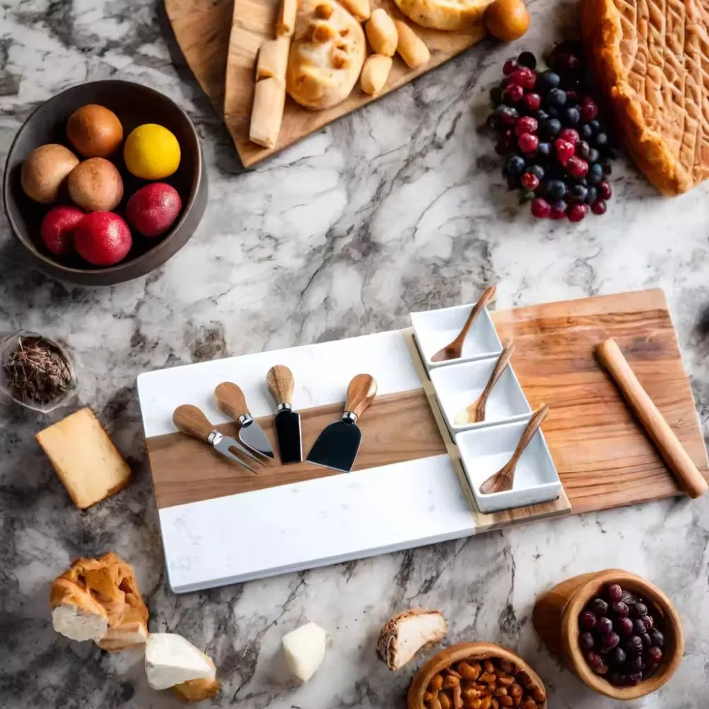 New Design Marble and Acacia Wood Charcuterie Board Cheese Board With 3 Ceramic Bowls Bamboo Cheese Board And Knife Set