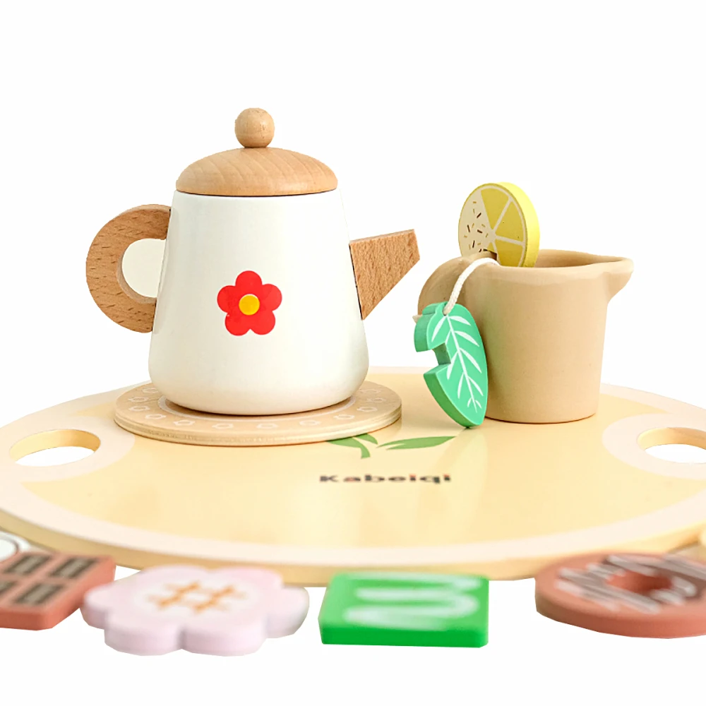 Wooden Tea Set for Little Girls Pretend Play Toy Kitchen Accessories Set for Kids Montessori Tea Time Party Food Toys