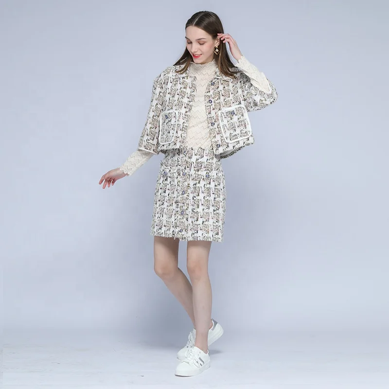 Huiquan women elegant tweed blazer suits jacket coat mini tweed shorts skirt Suits business formal set