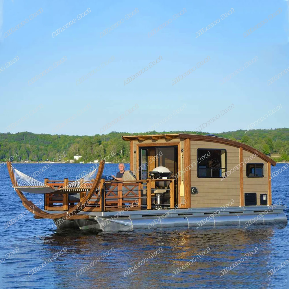 Allhouse New Design 8.2m House Boat Luxury Aluminum Pontoon Houseboat With Motor and Trailer For Sale