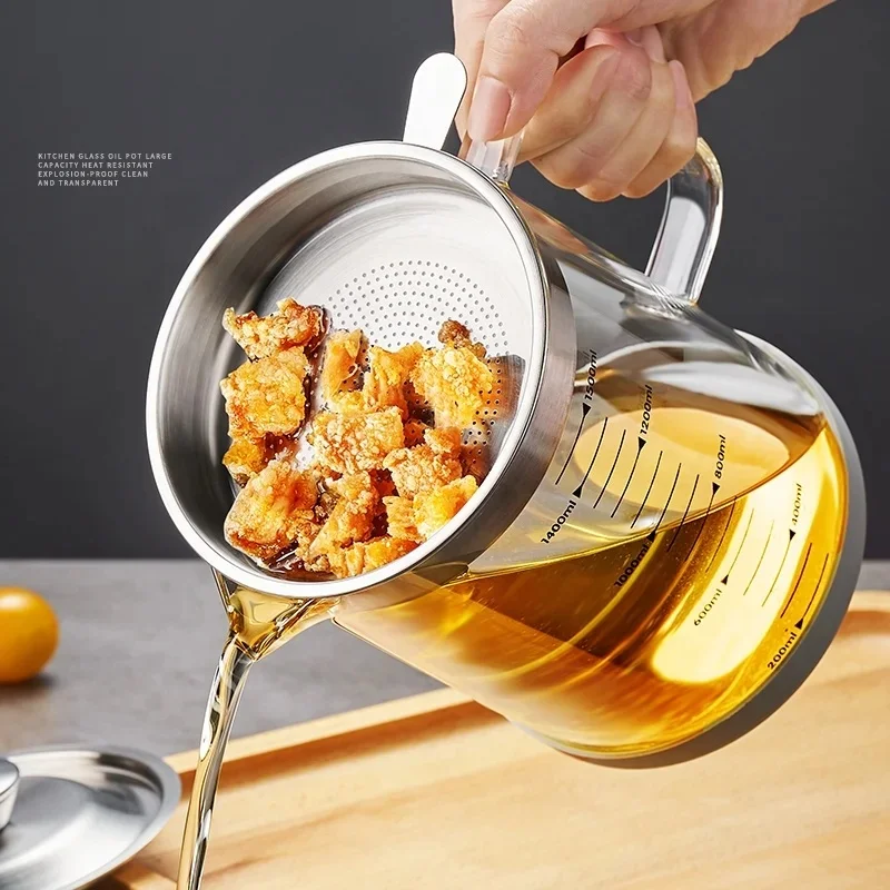 1.5L 1L Glass Oil Filter Pot Container Oil Separator Fine Mesh Strainer Tank Storage kitchen gadgets